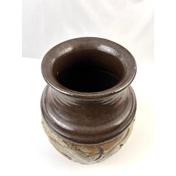 Vintage Studio Art Pottery Vase Impressed Leaf Design Rustic Stoneware Glaze - Picture 2 of 10
